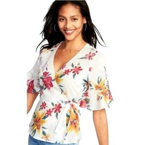 Old Navy Floral Wrap Blouse With Tie Waist & Flared Sleeves Medium